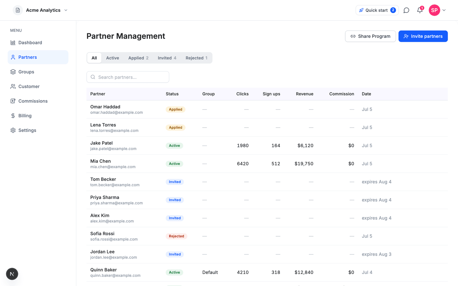 Affitor's Partners view — active partners, applications, and invites in one table with live stats